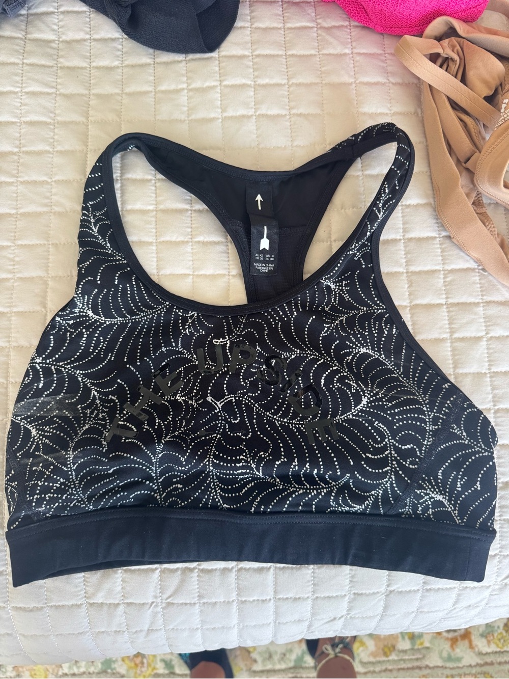 The Upside Black Sports Bra with Silver Dot Wave Print